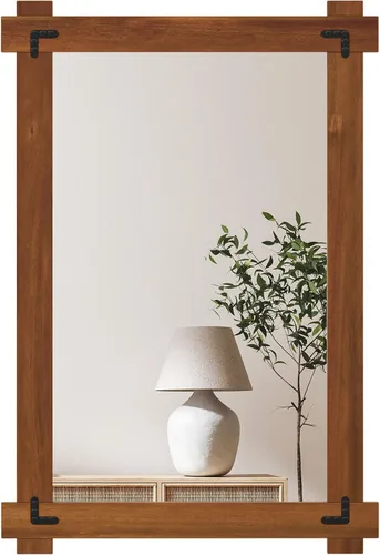 Miniatura 10 de Tangkula Espejo con marco de madera, 30 x 20 pulgadas, espejo de pared inastillable con marco de madera de acacia y diseño de remaches vintage