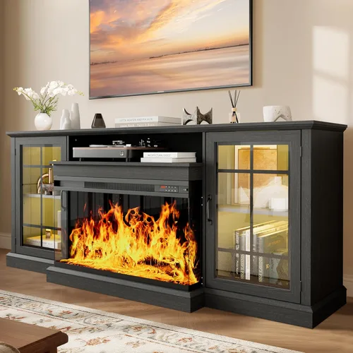 Miniatura 11 de oneinmil - Soporte de TV con chimenea de 59 pulgadas y vidrio en 3 lados para aparatos de hasta 65 pulgadas, centro de entretenimiento moderno