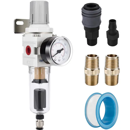 Miniatura 9 de NANPU Regulador de Filtro de Aire Comprimido Combo Piggyback NPT de 1/2", Elemento de Latón de 5 Micrones, Tazón de Polímero, Drenaje