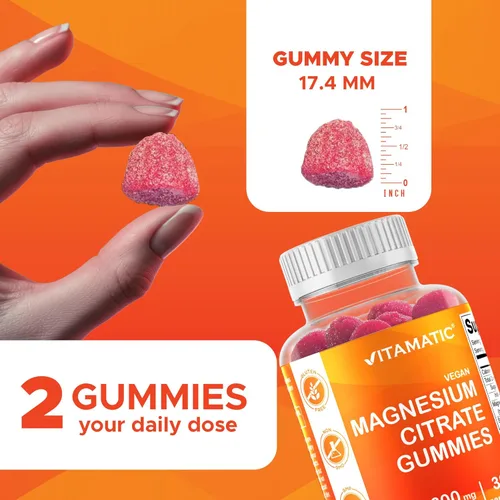 Miniatura 4 de Vitamatic Gomitas de magnesio 600 mg por porción – 60 gomitas veganas – Soporte para relajación, músculos, huesos y energía – Paquete de 3