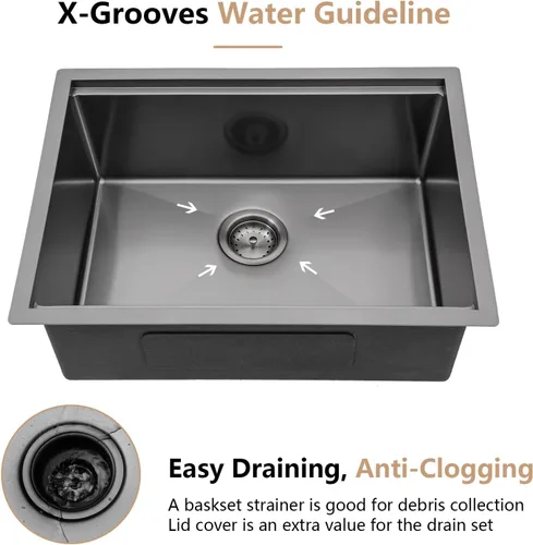 Miniatura 7 de Dcolora 27" Fregadero de cocina negro de gunmetal con estación de trabajo de acero inoxidable de calibre 16 para instalación empotrada - tazón Negro
