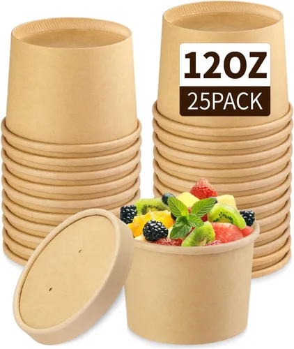 Miniatura 10 de Wuadua Paquete de 50 recipientes desechables de papel de 8 onzas con tapas, cuencos de sopa para llevar para fideos, ensalada, restaurante