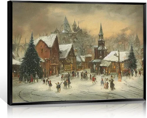 Miniatura 9 de Huabsad Lienzo vintage de Navidad con diseño de casa de campo, arte de pared, estilo retro, nieve, invierno, pueblo, paisaje, famoso, pintura al