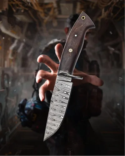Miniatura 9 de Cuchillo de caza de Damasco hecho a mano con funda de cuero de transporte horizontal, hoja fija de espiga completa para camping, senderismo