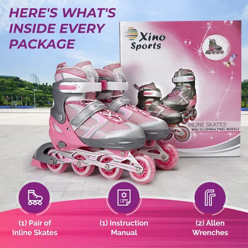 Miniatura 5 de Xino Sports Patines en línea para niños y niñas – Patines ajustables con ruedas iluminadas LED – Patines juveniles para interiores y exteriores Rosa