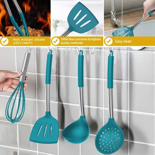 Miniatura 6 de 15 piezas de utensilios de cocina de silicona Umite Chef - Juego de herramientas de cocina resistentes al calor de 446°F con mangos de acero Azul