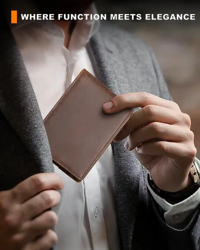 Miniatura 36 de Billetera AirTag para hombre, de piel auténtica plegable con bloqueo Rfid AirTag con ranuras para efectivo y ventana de identificación, compatible