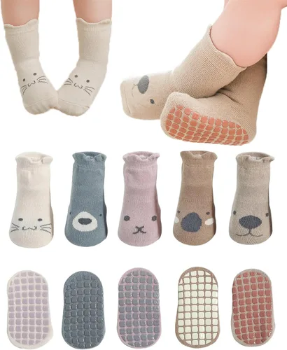 Miniatura 9 de Calcetines antideslizantes con empuñaduras para bebés, niñas y niños, calcetines de dibujos animados antideslizantes para bebés, 10 pares