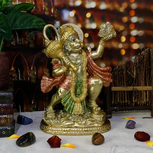 Miniatura 3 de Estatua hindú de Dios Señor Volador Hanuman – Escultura de Ídolo de la India Murti Pooja – Figura con acabado de oro indio para decoración