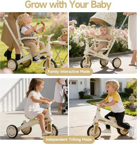 Miniatura 7 de Winhope Triciclo para niños, triciclo 6 en 1 para bebés con asa de empuje ajustable, asiento reversible y toldo, cochecito de bebé para niños de 1 a