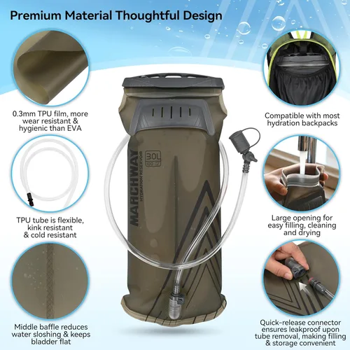 Miniatura 2 de MARCHWAY Bolsa de hidratación ligera de TPU de 2L/3L para paquetes de hidratación, bolsa de depósito de agua de boca ancha con asa de transporte Gris