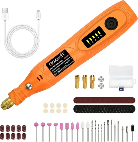 GOXAWEE Mini kit de herramientas rotativas inalámbricas con 105 accesorios, carga USB, 5 velocidades, 18000 rpm, herramienta de manualidades