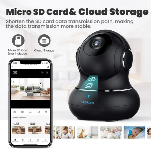 Miniatura 7 de litokam Cámara de seguridad interior 2K, cámaras de 360° para seguridad del hogar en interiores con detección de movimiento, cámara para mascotas