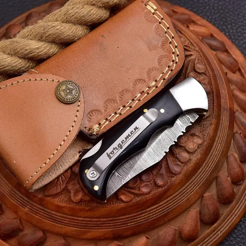 Miniatura 5 de FM807 Cuchillo de bolsillo, cuchillo plegable con clip de Damasco hecho a mano personalizado para hombres, genial para camping, caza, pesca y Negro