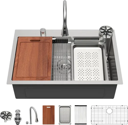 Miniatura 12 de Sarlai 15 Fregadero de Barra de 15x15 Pulgadas para Cocina, Fregadero de Barra de Acero Inoxidable de Calibre 16, Estación de Trabajo con Repisa