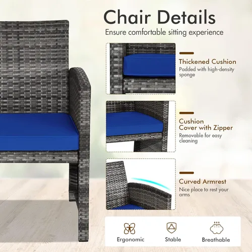 Miniatura 4 de Goplus Juego de muebles de ratán de 4 piezas, sofá de conversación de mimbre para exteriores con cojines resistentes a la intemperie y mesa de Azul