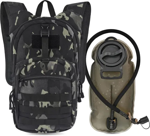 MARCHWAY Mochila de Hidratación Táctica Molle con Vejiga de Agua de TPU de 2.5L, Mochila Militar Organizada de Perfil Bajo para Senderismo, Camo