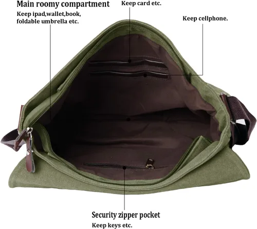 Miniatura 4 de Bolso bandolera de lona vintage para hombres y mujeres, bolsa de hombro de viaje para laptop de 13.5 pulgadas, bolsa para libros (verde militar)