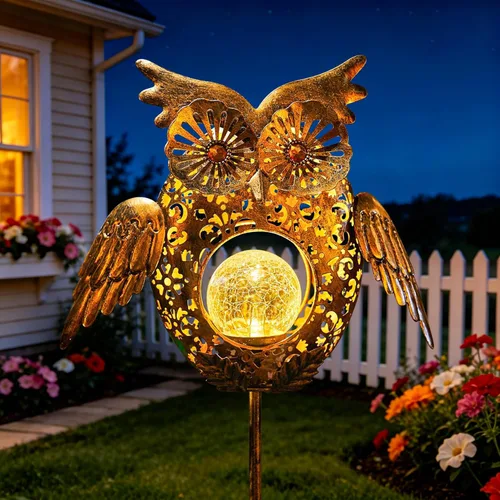 Go2garden - Luces solares para exteriores, estacas metálicas decorativas con diseño de búho, pez, tortuga, luces de cristal craquelado para césped,