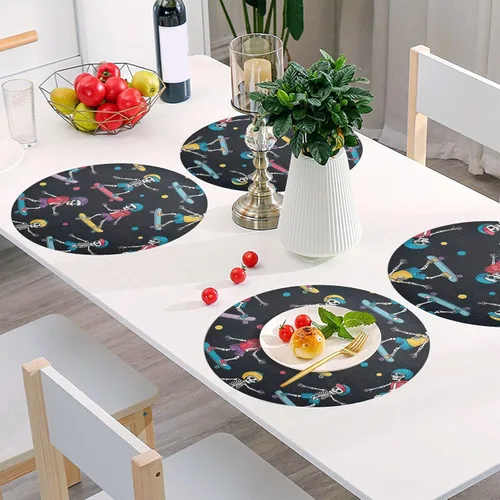 Miniatura 6 de Playful Skeletons Black PVC Placemat, Non Slip Heat Resistant Placemats for Kitchen one sizex6