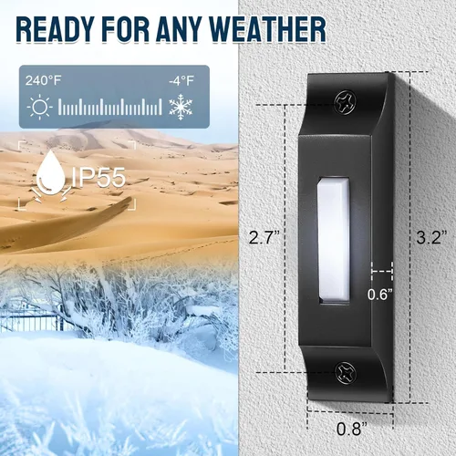 Miniatura 2 de Enhon Botón de timbre de puerta de metal, timbre con cable de luz LED resistente, botón sólido montado en la pared para el hogar, garaje, Negro mate
