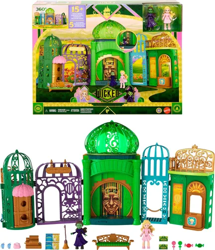 Mattel Universal Pictures' Wicked Emerald City Playset con muñecas pequeñas Glinda y Elphaba, 5 espacios de juego y 15 accesorios, inspirado en la