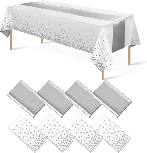 Miniatura 20 de 8 paquetes de manteles de plástico desechables y juego de camino de mesa de satén negro con dorado, mantel de satén dorado para graduación, boda