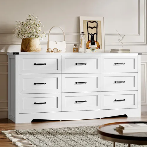 Miniatura 18 de BORNOON - Cómoda de 7 cajones para dormitorio, cómoda de madera moderna con manijas de metal, diseño antivuelco, organizador de almacenamiento Blanco