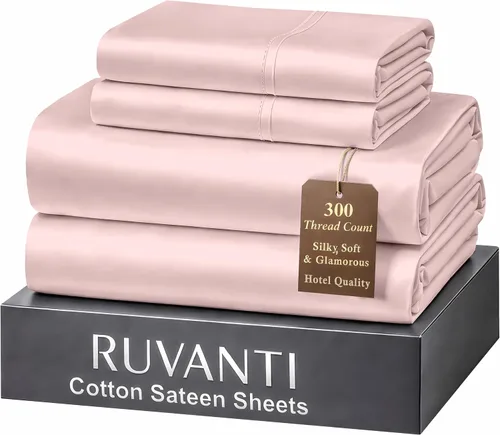 Miniatura 36 de RUVANTI Juego de sábanas de 100 % algodón tamaño matrimonial, tejido de satén suave y sedoso de 300 hilos, refrescante, ligero y transpirable, Beige