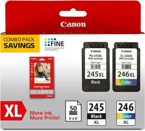 Canon PG-245 XL / CL-246 XL - Paquete económico de tinta auténtica (2 cartuchos) con papel fotográfico de 50 hojas, compatible con iP2820,