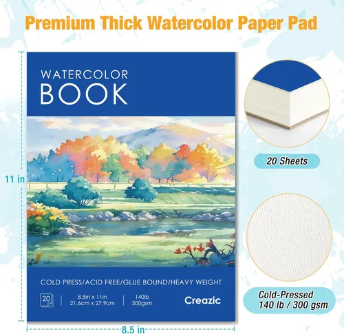 Miniatura 2 de Creazic Bloc de papel de acuarela de 8.5 x 11 pulgadas (140 libras/300 gsm) - Bloc de arte sin ácidos Cuaderno de bocetos pesado prensado en frío