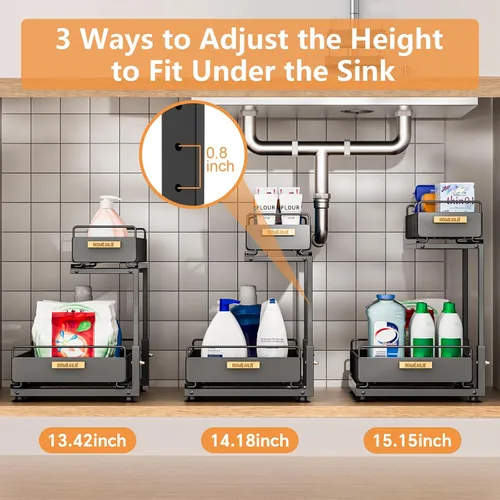 Miniatura 2 de Organizador bajo el fregadero, Organizador de 2 niveles alto y ajustable bajo el fregadero de la cocina, estante de almacenamiento multiuso