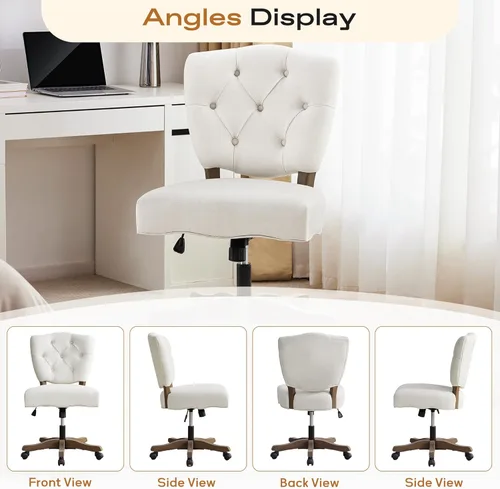 Miniatura 8 de HUIMO Silla de escritorio giratoria tapizada de tela copetuda de felpilla con ruedas, altura ajustable, silla clásica de tareas con patas de madera