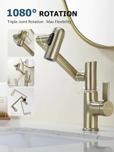 Miniatura 5 de Lefton Grifo giratorio para baño con pantalla de temperatura en Fahrenheit (sin baterías), 3 modos de agua, oro cepillado, BF2204-6