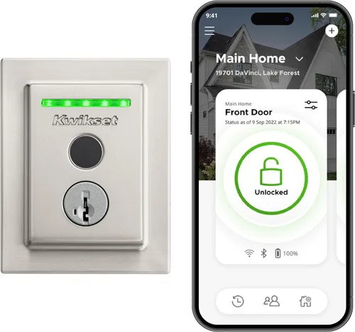 Kwikset Halo Touch | Cerradura inteligente con huella dactilar y WiFi, cerradura de puerta de entrada sin llave de bajo perfil, desbloqueo Níquel