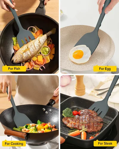 Miniatura 5 de Paquete de 2 espátulas volteadoras de silicona, juego de espátulas de cocina ranuradas antiadherentes, utensilios de cocina resistentes al calor sin