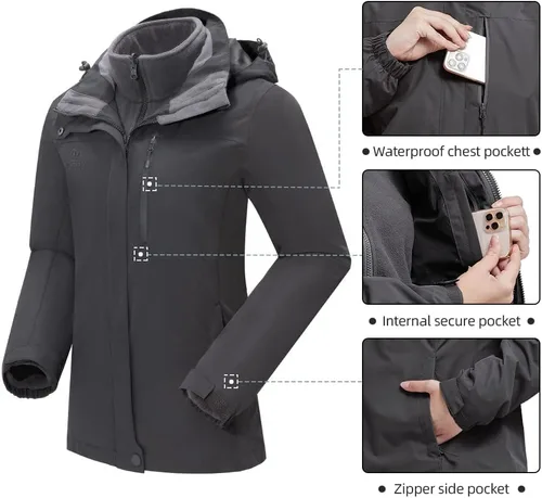Miniatura 9 de CAMEL CROWN Chaqueta de esquí impermeable 3 en 1 para mujer, abrigo de invierno rompevientos, chaquetas de snowboard para lluvia, nieve, senderismo