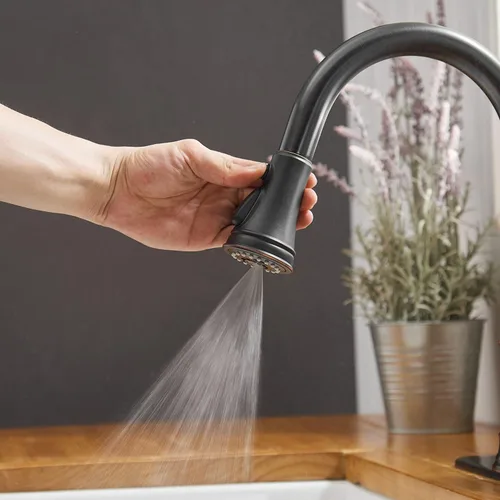Miniatura 9 de Grifo de cocina negro mate con rociador extraíble, grifo de 3 funciones para fregadero de cocina, mango único, arco alto, cabezal de rociador