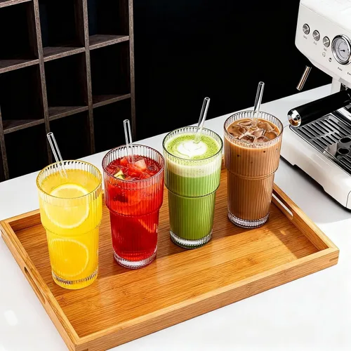Miniatura 4 de Vaso de vidrio acanalado de 20 onzas, tazas de café helado con tapas y pajitas, vaso grueso reutilizable para llevar, ideal para café, batidos