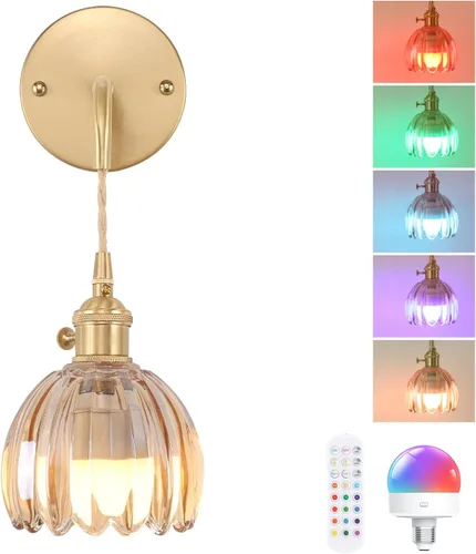 Miniatura 30 de Shenmoyl Candelabro de Pared Operado por Batería con Soporte de Cadena Ajustable, Patrón de Tulipán Verde, Vidrio con Diseño Retro en Oro, Lámpara
