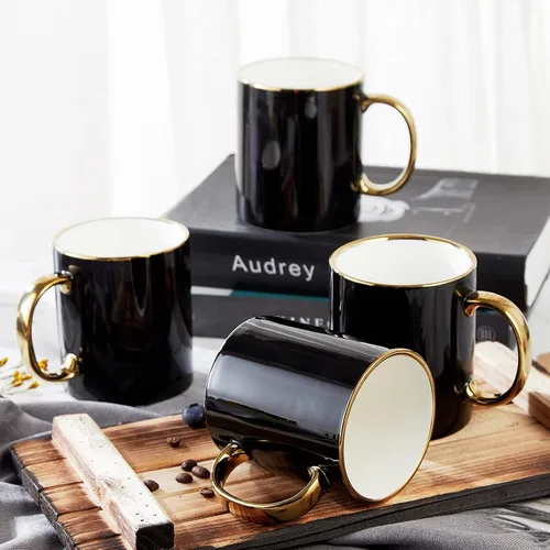 Miniatura 6 de DUJUST Juego de 4 tazas de café (13.5 onzas), diseño británico de lujo con adornos dorados hechos a mano, juego de tazas de porcelana blanca