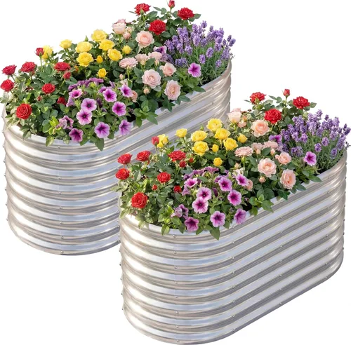 Miniatura 9 de AHEONLAR Paquete de 2 macetas elevadas galvanizadas de 4 x 2 x 2 pies para exteriores, ovaladas, resistentes y duraderas, para verduras, frutas