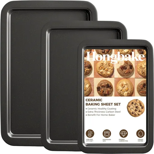 HONGBAKE Juego de bandejas de cerámica para hornear, bandeja de galletas para horno, juegos de utensilios para hornear con agarres más anchos,
