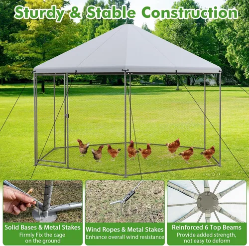 Miniatura 3 de Giantex Gallinero de metal grande, gallinero hexagonal de 13 pies con cubierta impermeable, marco de acero resistente, 12 estacas, jaula de aves