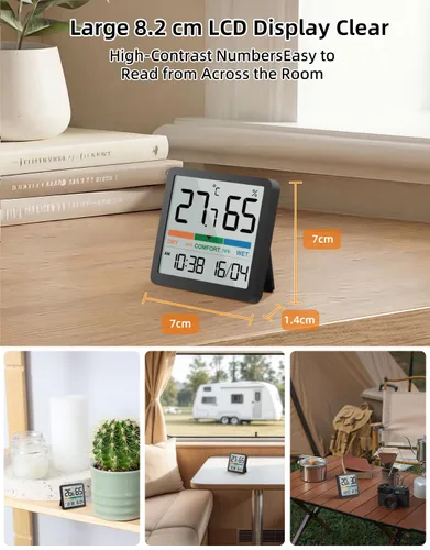 Miniatura 5 de NOKLEAD Termómetro higrómetro para interiores, mini monitor digital de temperatura y humedad de escritorio con indicador de comodidad y reloj