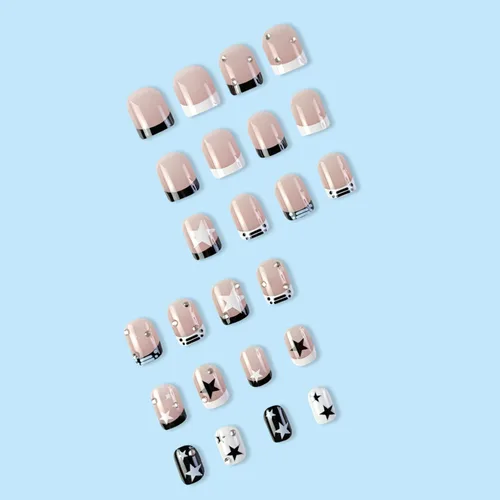 Miniatura 4 de Uñas postizas a presión con punta francesa, uñas postizas cuadradas cortas con diamantes de imitación de estrellas blancas y negras, diseño de uñas