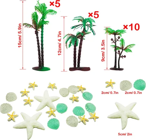 Miniatura 3 de 42 piezas de palmera de coco, 20 piezas de mini palmeras artificiales de plástico, 22 piezas de concha y estrellas de mar para decoración