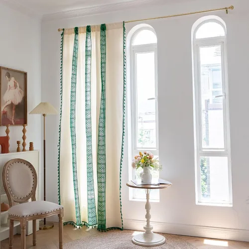 Miniatura 30 de Deeprove Cortinas bohemias para dormitorio, rayas huecas de ganchillo crema y estampado floral, tela de lino de algodón, con borlas beige bohemias
