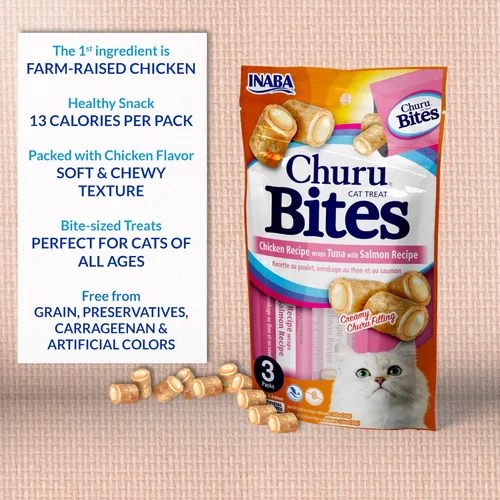 Miniatura 5 de INABA Churu Bites para gatos, golosinas para gatos horneadas y suaves rellenas de pollo con vitamina E, 0.35 onzas cada tubo, 24 tubos en total