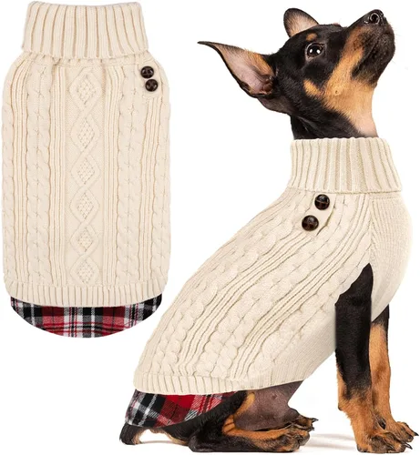 Miniatura 8 de KYEESE - Suéter para perro mediano, suéter tejido con estampado de cuadros, cálido abrigo de mascotas para otoño e invierno